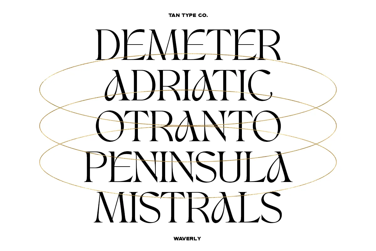 Tan Waverly font alphabet, numbers and glyphs